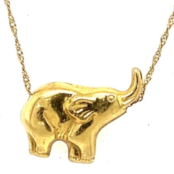 18k Trunk Up!! Wisdom Strength Yellow Gold Elephant Slide Necklace - Picture 1 of 4